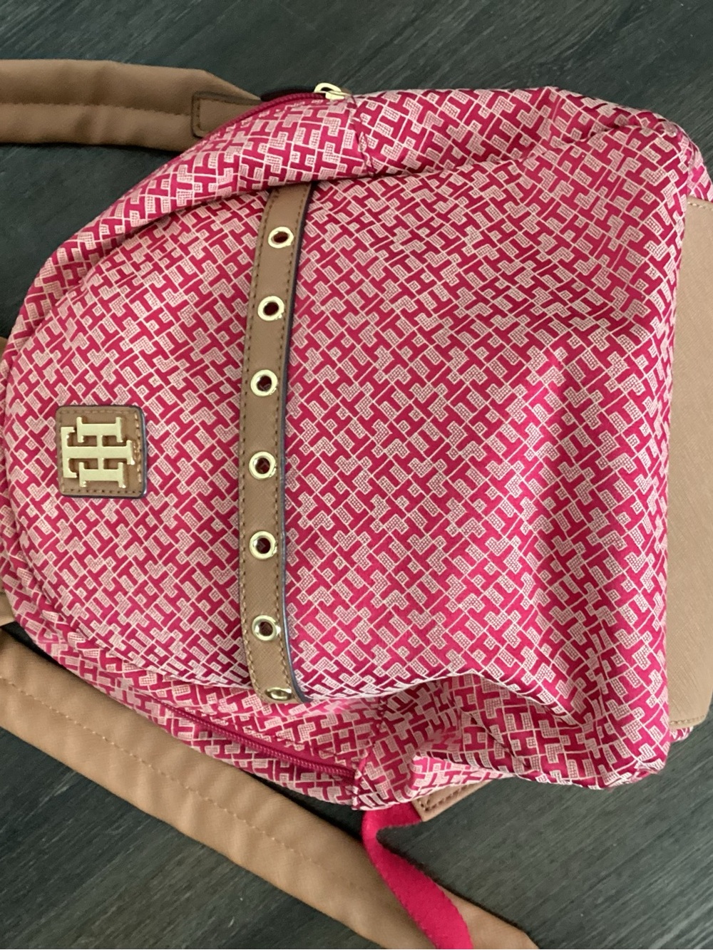 Tommy Hilfiger Red Logo Print Backpack with Tan Trim